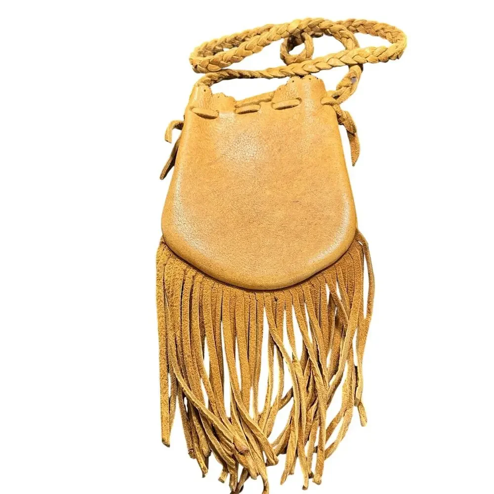 Wolf River TN Crossbody Bag Hand Sewn Tan Fringe Leather Satchel Unisex